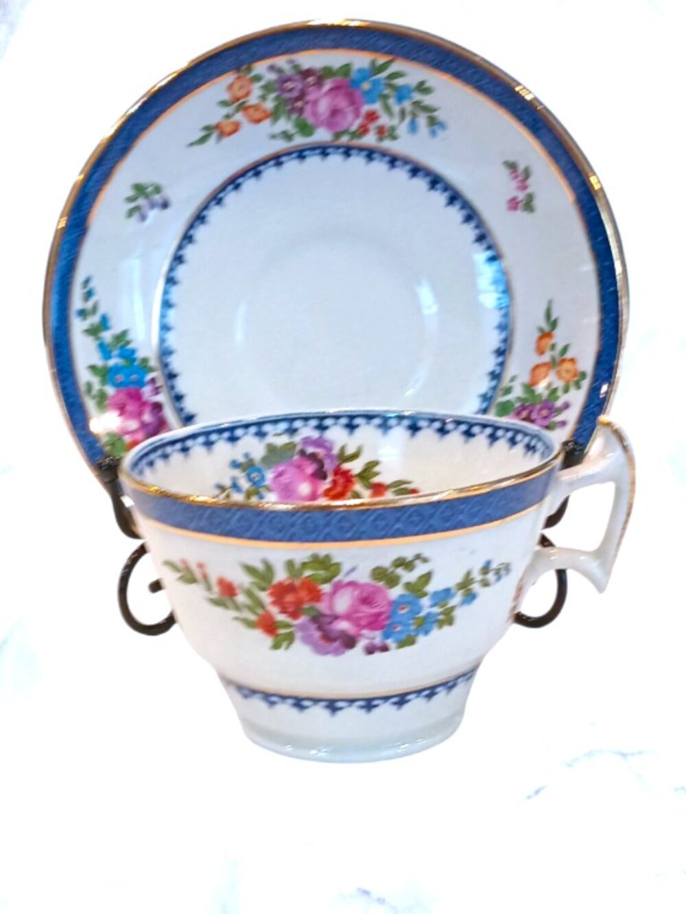 VINTAGE BOOTHS CUP & SAUCER SILICON CHINA ENGLAND FLORAL & COBALT 1906-1921